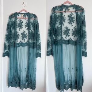 Indigo thread co mesh lace embroidered longline‎ kimono